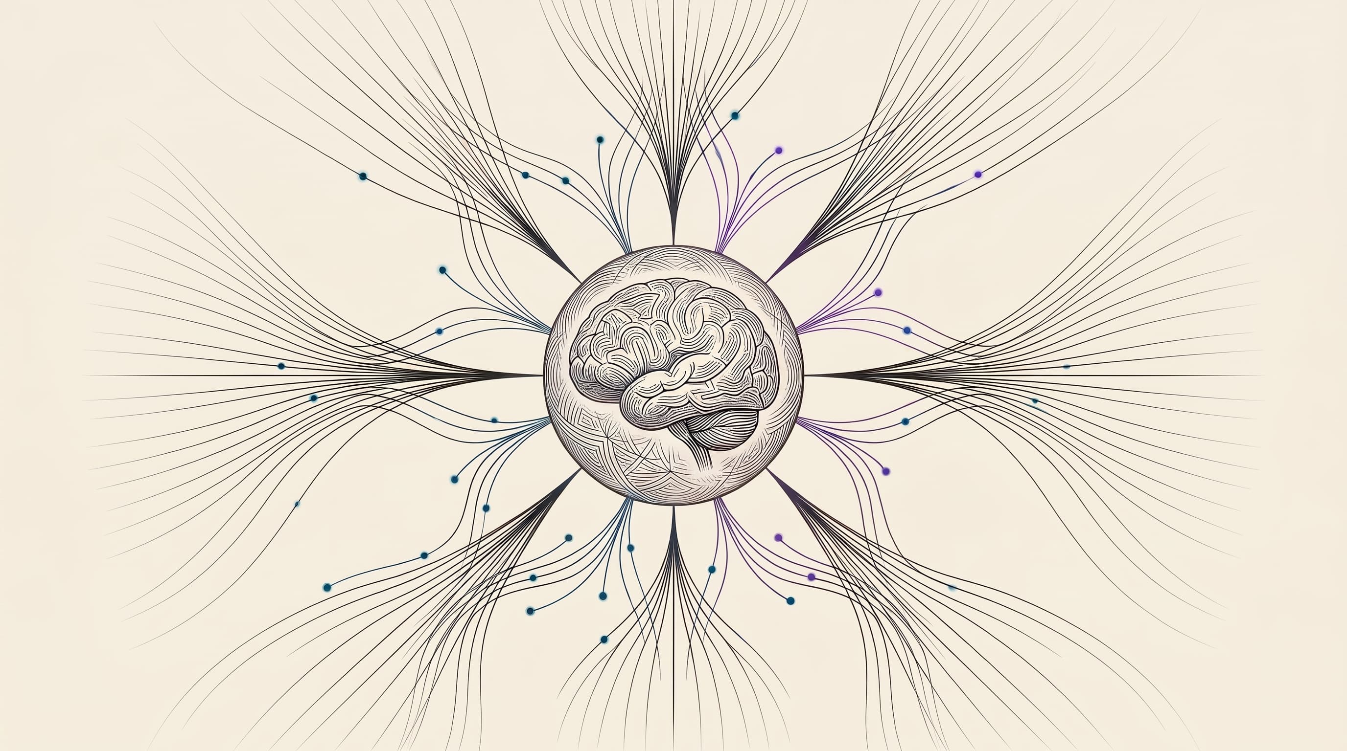 Engraved illustration of the secure company brain: a sphere containing a line-drawn brain, with thin synaptic ink lines and glowing cyan and violet nodes converging on it from every direction